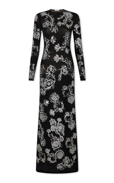 Paco Rabanne Embroidered Cupro Maxi Dress In Black