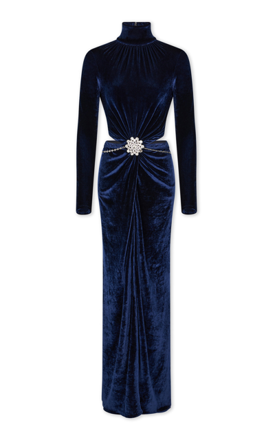 Paco Rabanne Gathered Velvet Maxi Dress In Navy