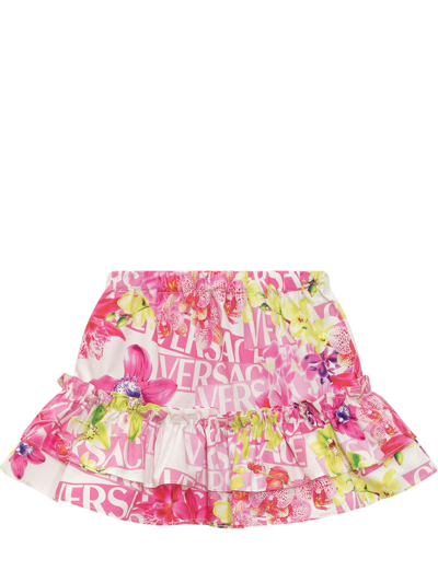 Versace Babies' Girls Pink Cotton Floral Skirt In Bianco Rosa