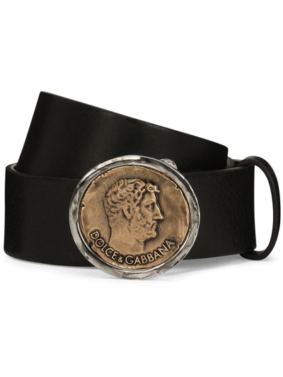 Dolce & Gabbana Coin Buckle Leather Belt In Black