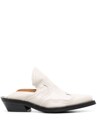 Ganni Western Mules Woman Egret In Leather In Cream