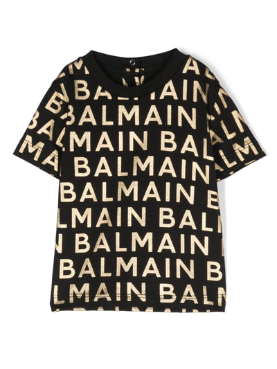 Balmain Babies' Logo印花棉t恤 In Black