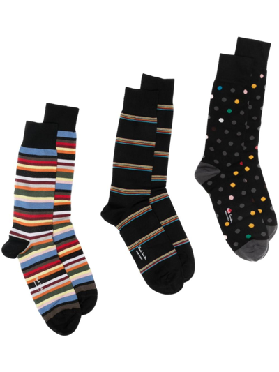 Paul Smith Patterned Fine-knit Socks (pack Of Three) In Black