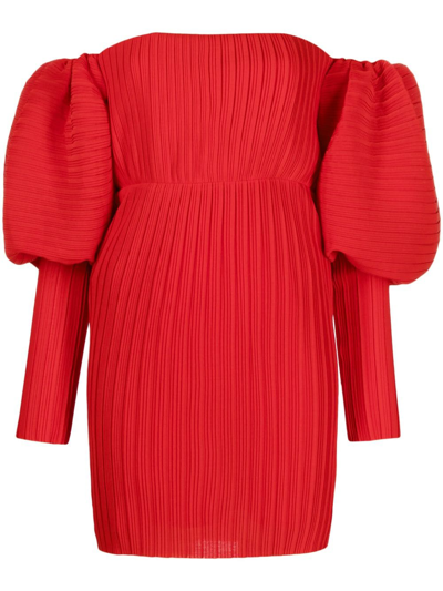 Solace London Puff-sleeve Plissé Minidress In Red