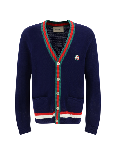 Gucci Contrast Striped Knitted Cardigan In Navy/multicolor