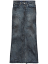 Balenciaga Dark Blue Maxi Skirt With Crinkled Effect With Logo Patch In Cotton Denim Woman In Blue