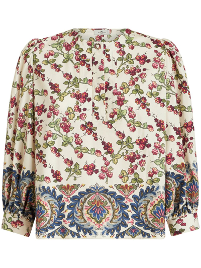 Etro Printed Ruffle-embellished Top In White