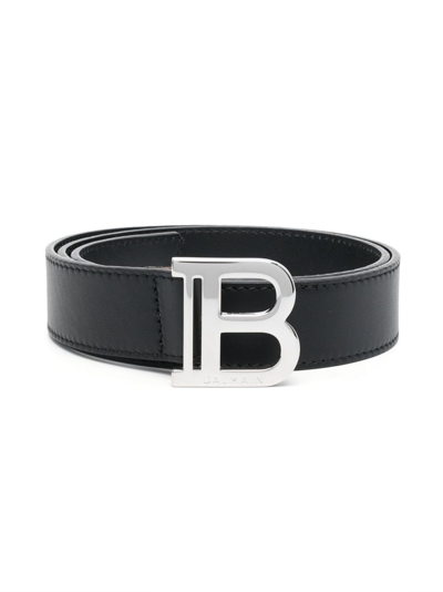 Balmain Kids' Logo扣环皮质腰带 In Black