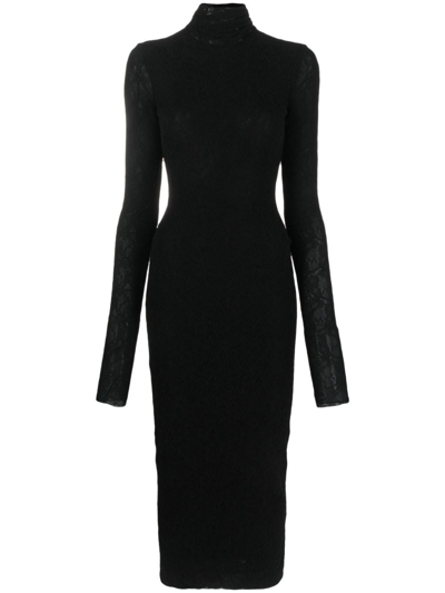 Philosophy Di Lorenzo Serafini Midi Black Fitted Dress With Mock Neck In Lace Woman