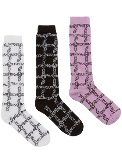 Jw Anderson Intarsia-knit Logo Socks (pack Of Three) In White_black_lilac