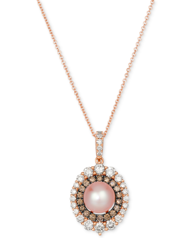 Le Vian Strawberry Pearl (7mm) & Diamond (7/8 Ct. T.w.) Double Halo 18" Pendant Necklace In 14k Rose Gold In Strawberry Gold