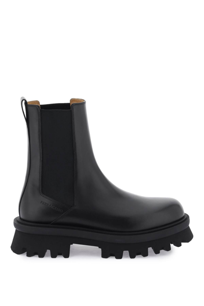 Ferragamo Chunky Chelsea Leather Boots In Black