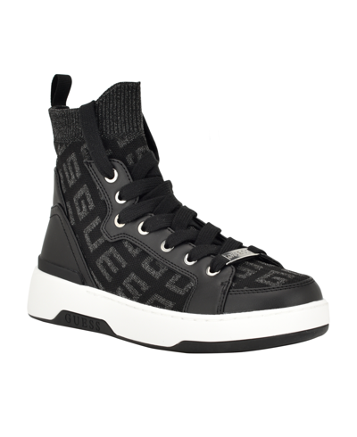 Guess Women's Mannen Knit Lace Up Hi Top Fashion Sneakers In Black Logo