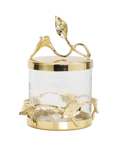 Classic Touch Hammered Glass Canister With Leaf Lid Small In Gold-tone