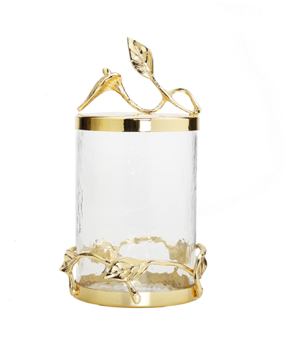 Classic Touch Hammered Glass Canister With Leaf Lid Medium In Gold-tone