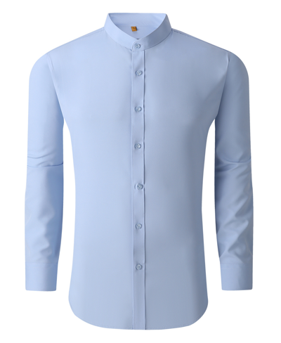Suslo Couture Men's Slim Fit Solid Performance Collarless Button Down Shirt In Sky Blue