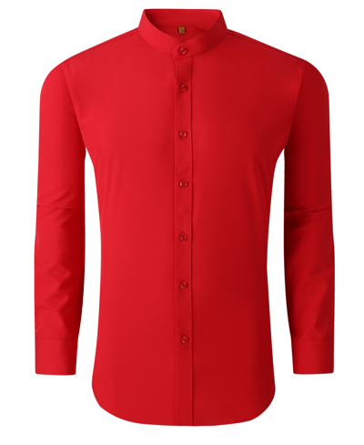 Suslo Couture Men's Slim Fit Solid Performance Collarless Button Down Shirt In Red
