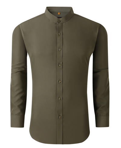 Suslo Couture Men's Slim Fit Solid Performance Collarless Button Down Shirt In Olive