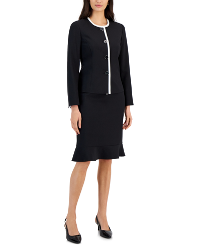 Le Suit Women's Framed Collarless Jacket & Flounce-hem Skirt, Regular & Petite In Black,vanilla Ice