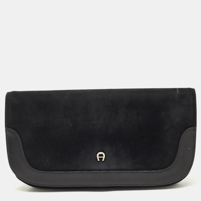 Pre-owned Aigner Black Suede And Leather Logo Flap Clutch