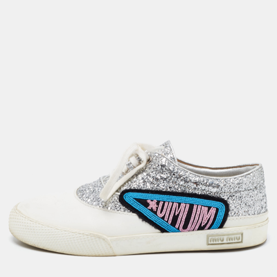 Pre-owned Miu Miu Silver/white Leather And Glitter Patch Slip On Trainers Size 40