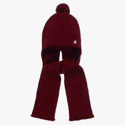 Artesania Granlei Babies' Burgundy Red Knitted Hat & Attached Scarf