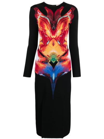 Alexander Mcqueen Solarised Orchid Jacquard Midi Dress In Schwarz