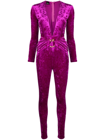 Pinko Love Birds-plaque Velvet Jumpsuit In Violett