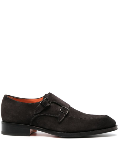 Santoni Double-buckle Suede Monk Shoes In Braun