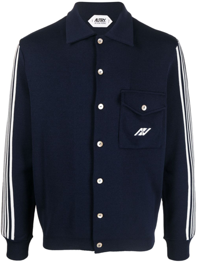 Autry Stripe-detailing Polo-collar Cardigan In Blue