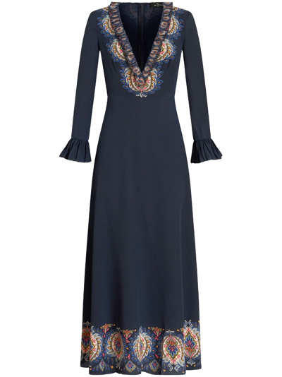 Etro Plunging Engineer Border-print Ruffle Cady Midi Dress In Navy