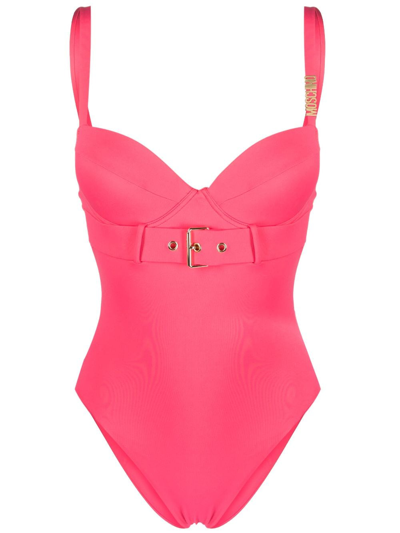 Moschino Logo-plaque Belted Swimsuit In Rosa