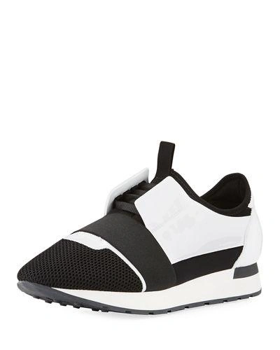 Balenciaga Race Runner Patent-leather, Neoprene And Mesh Sneakers In White/black