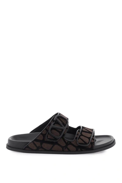 Valentino Garavani Vlogo Toile Iconographe Double-strap Sandals In Brown,black