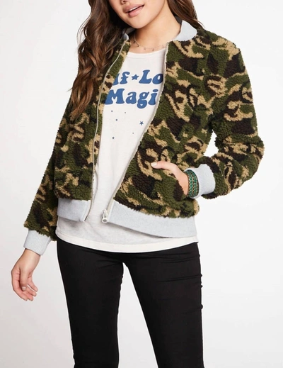 Chaser Faux Fur Bomber Jacket In Camo In Multi