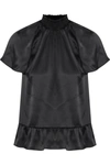 RACHEL ZOE HARBOR HIGH SMOCKED NECKLINE RUFFLED SILK BLOUSE IN BLACK