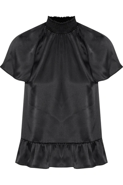 Rachel Zoe Harbor High Smocked Neckline Ruffled Silk Blouse In Black