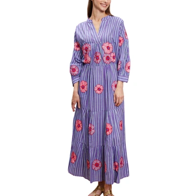 Nimo With Love Violet Striped Crossandra Dress With Red Poppies In Purple