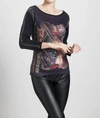 Angel Sheer Panel Graphic Print Top In Black Multi