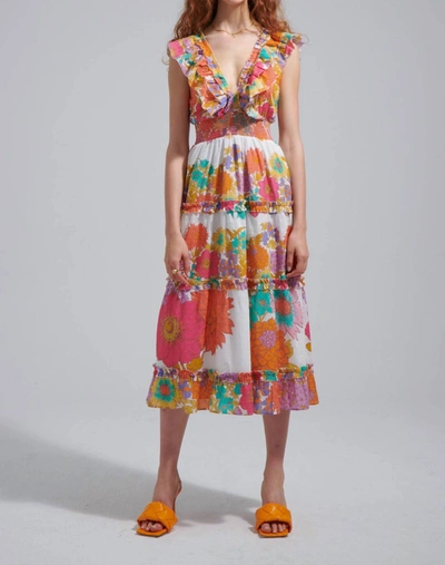 Love The Label Azalea Floral Cotton Tiered-ruffle Midi Dress In Multi