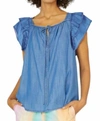 Current Air Flutter Short Sleeve Cut Out Back In Chambray In Blue