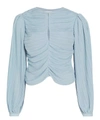FRAME PLEATED BILLOW SLEEVE TOP IN CHAMBRAY BLUE