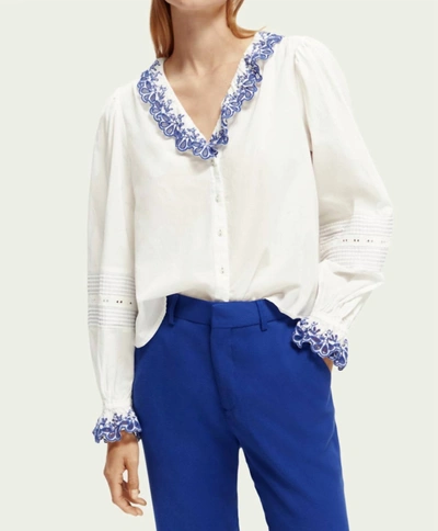 Scotch & Soda V Neck Broderie Anglaise Organic Cotton Blouse In White