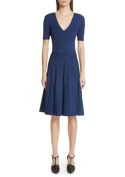 Jason Wu Shiny Viscose Short Sleeve V-neck Knit Dress In Sapphire In Blue