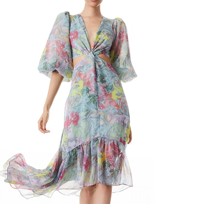 ALICE AND OLIVIA KATIA TWIST-FRONT FLORAL CUTOUT HIGH LOW DRESS IN LOLA'S DREAM