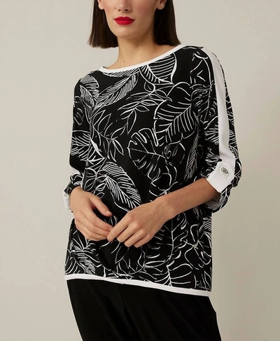 JOSEPH RIBKOFF PALM BOAT NECK TOP IN BLACK/VANILLA