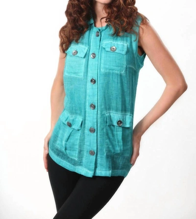 Angel Oil Wash Cargo Pocket Vest In Teal In Blue