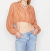 Frame Eyelet Blouson Sleeve Organic Linen Blend Crop Top In Brown