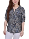 NY COLLECTION WOMENS ANIMAL PRINT STRETCH BUTTON-DOWN TOP