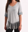 Angel Stone Wash Cut Out Fringe Top In Slate In Grey